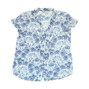 Bass Women's Top Blue/White Short Sleeve Button Up V-Neck‎ Shirt Size XL